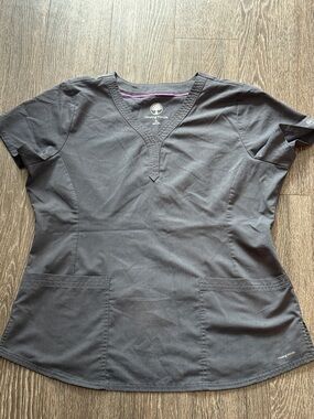 healing hands Women's V-Neck Scrub Top in Charcoal with Pink Trim